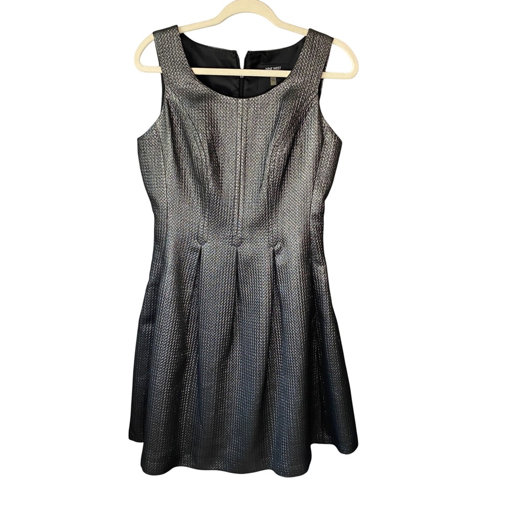 Nine‎ West Metallic Silver Black Chevron Jacquard Fit Flare Cocktail Dress 8